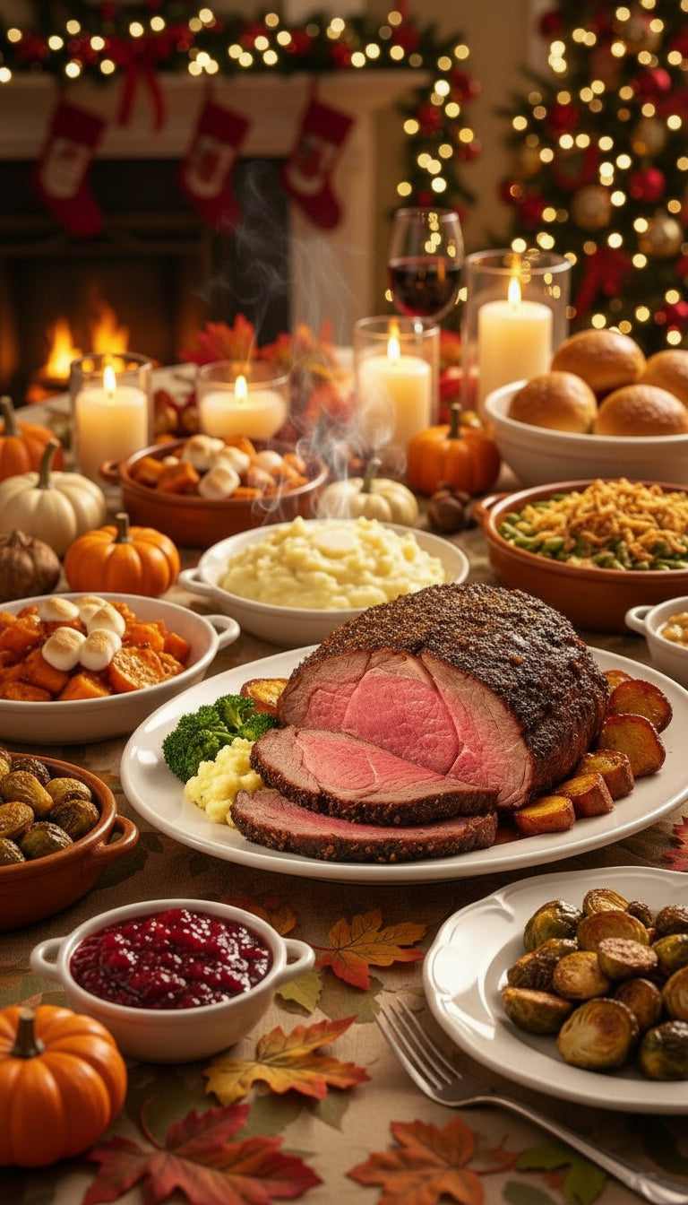 Holiday dinner served elegantly with Prime Rib as Main dish