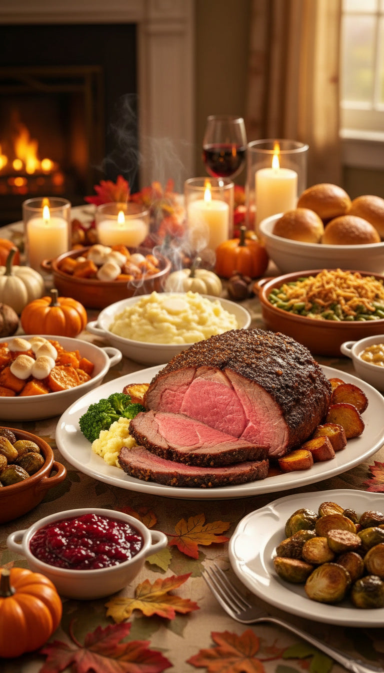 Thanksgiving dinner served elegantly with Prime Rib as Main dish